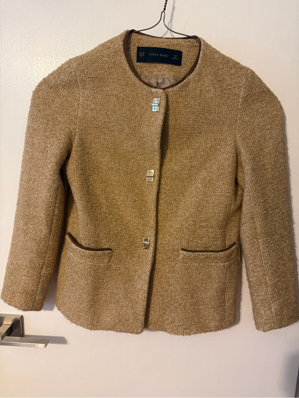 Zara Tan Bouclé Collarless Blazer